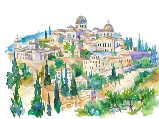 Obraz premium Watercolor illustration of a Nazareth landscape clipart