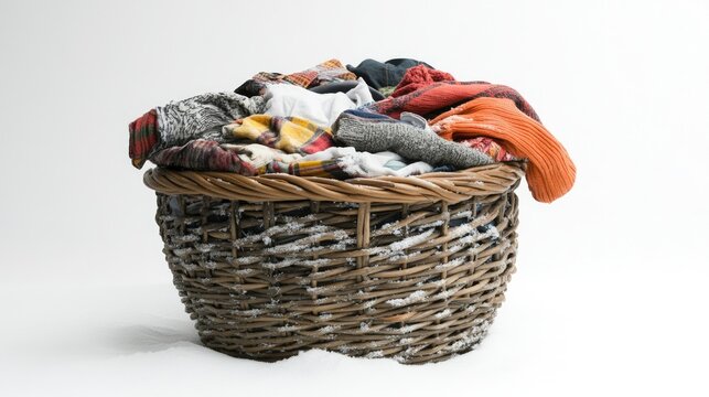 A sturdy laundry basket with disorganized clothing, placed against a seamless white background for a simple yet effective composition.