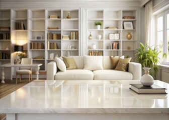 Naklejka premium Vintage Style White Tabletop Mockup: Copy Space on Luxury Surface in Modern White Living Room with Bookshelves