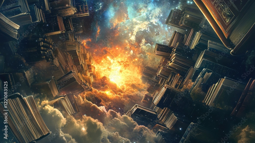 Fototapete a surreal library with books floating into a radiant portal in space, illustrating the transcendence