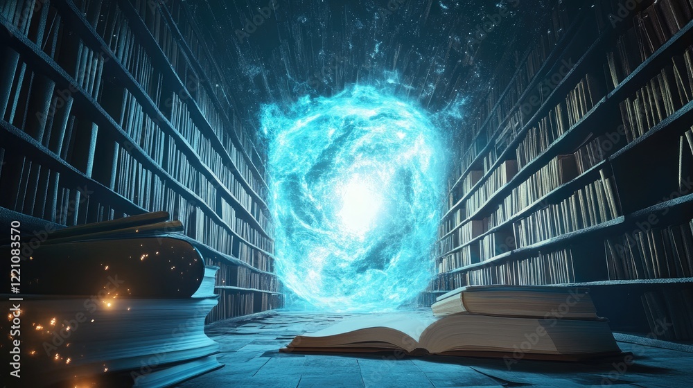 Poster A surreal library with books floating into a radiant portal in space, illustrating the transcendence of knowledge and learning.