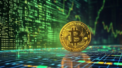 Bitcoin coin in front of a digital chart, symbolizing blockchain technology and market trends. Bitcoin cryptocurrency, virtual money concept.