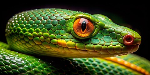 Obraz premium Vibrant Green Snake with Orange Eyes, Dew Drops - Close-Up Night Photography