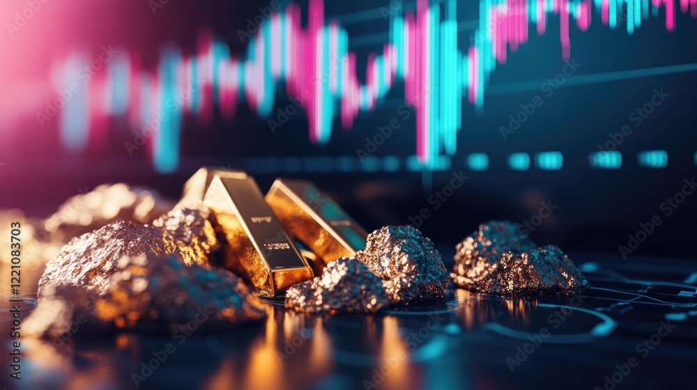 Poster a table with gleaming gold bars, set against a stock market diagram showing upward trends in financi