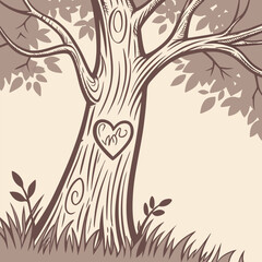 A tree carved with initials inside a heart vector illustration