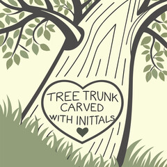 A tree carved with initials inside a heart vector illustration