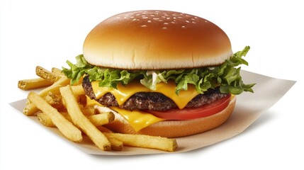 A tempting cheeseburger with lettuce, tomato, and fries, served on paper, capturing the essence of a satisfying meal.