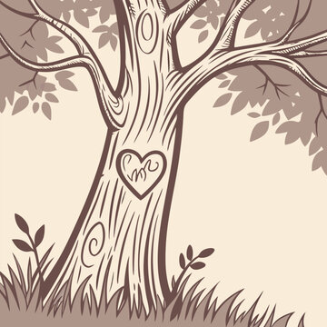 A tree carved with initials inside a heart vector illustration