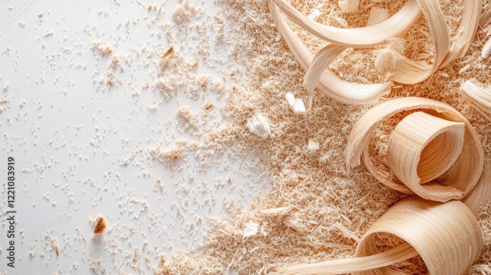 Poster a tidy composition of wood sawdust and natural wood curls on a white backdrop, creating a calm, clea