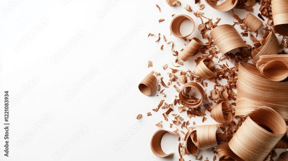 Poster a tidy composition of wood sawdust and natural wood curls on a white backdrop, creating a calm, clea