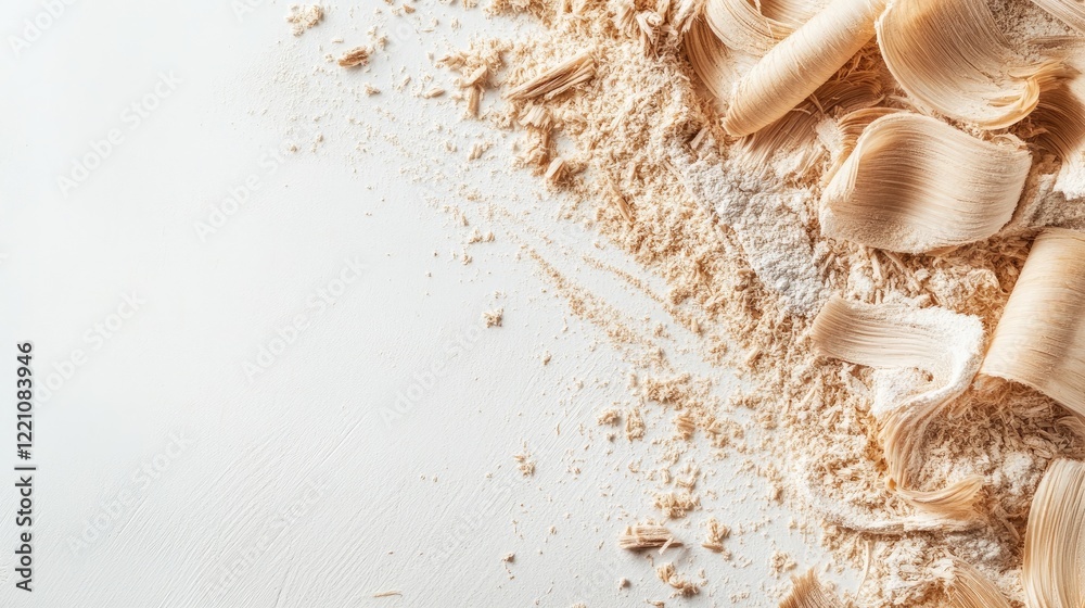 Poster a tidy composition of wood sawdust and natural wood curls on a white backdrop, creating a calm, clea