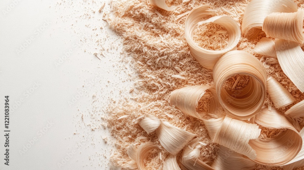 Poster a tidy composition of wood sawdust and natural wood curls on a white backdrop, creating a calm, clea