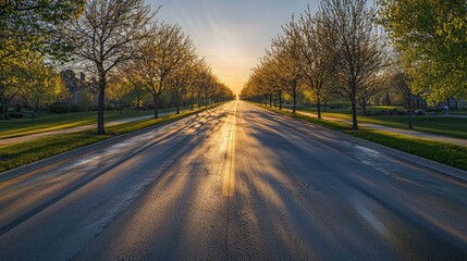 Fototapeta premium Sunrise Illuminates Tree Lined Residential Street