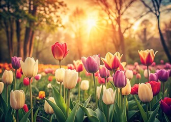 Vintage Tulip Garden Photo: Blooming Spring Flowers with Text Space