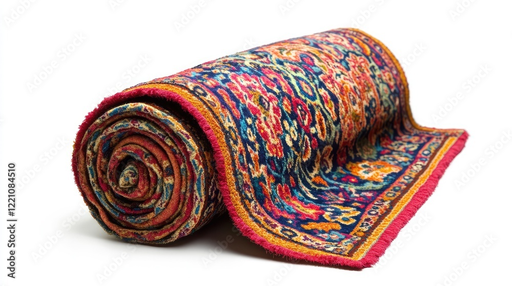 Poster a traditional rolled rug with bright, intricate patterns displayed against a minimalist white backdr