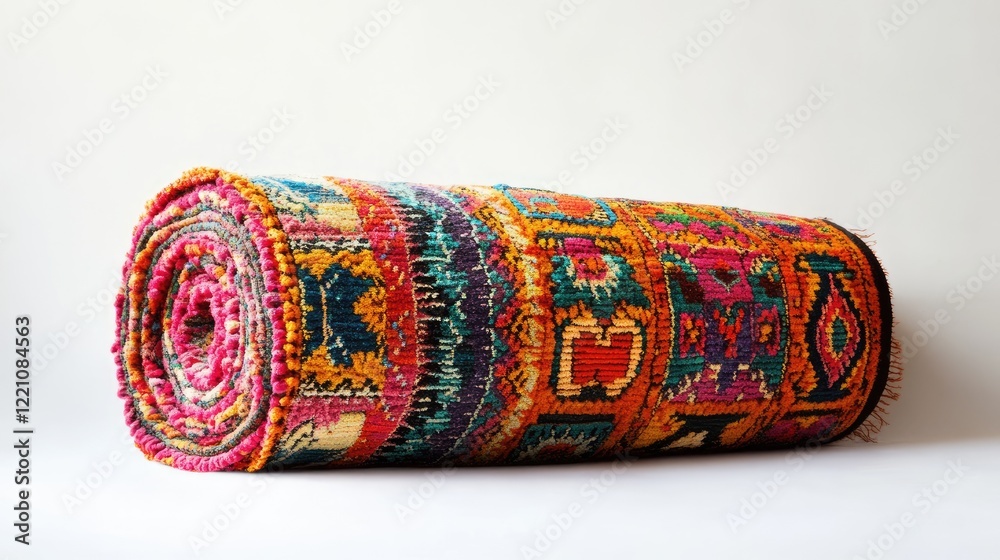 Poster a traditional rolled rug with bright, intricate patterns displayed against a minimalist white backdr