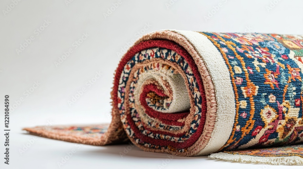 Poster a traditional rolled rug with bright, intricate patterns displayed against a minimalist white backdr