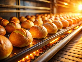 Warm Golden Bread Rolls on Bakery Conveyor Belt - Low Light Food Photography