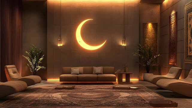 cozy broadcasting studio with soft chairs, decorative rugs, and warm lighting, set against a subtle backdrop of Islamic art