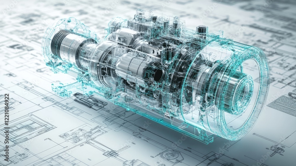 Poster A transparent engine overlaid on technical engineering drawings, symbolizing the fusion of innovation and advanced development in engineering.