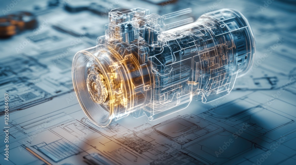 Poster A transparent engine overlaid on technical engineering drawings, symbolizing the fusion of innovation and advanced development in engineering.