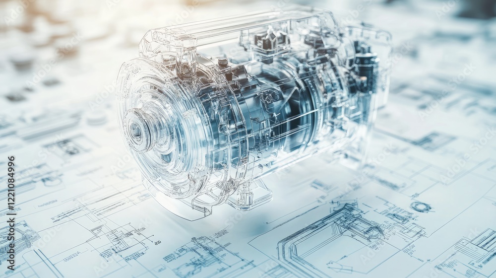 Poster A transparent engine overlaid on technical engineering drawings, symbolizing the fusion of innovation and advanced development in engineering.