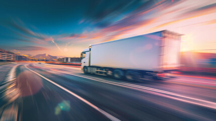 Obraz premium A white truck moves swiftly on a highway at sunset, creating a motion blur effect. Concept of speed and transportation.