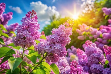 Obraz premium Vibrant Lilac Flowers Blooming in a Sunny Garden - Spring Floral Photography