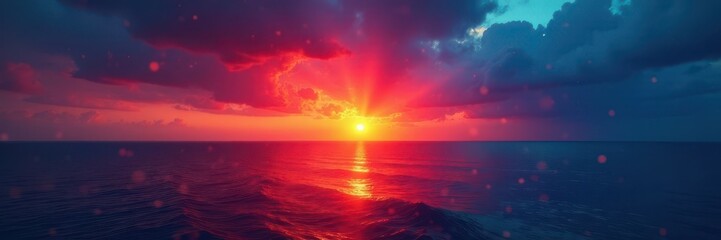 Fiery red and cool blue sunrise, noisy grain effect , blue sunrise, gradation, scene