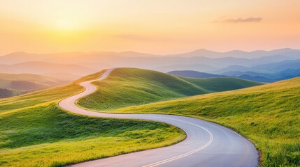 Camping road trip on the highways Winding road through green hills at sunset.