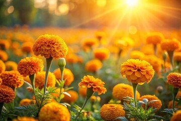 Vibrant Marigold Field, Sunlit Autumn Nature Background, Golden Flower Meadow