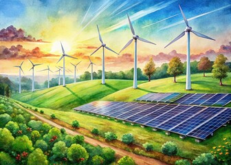 Watercolor Green Energy Landscape: Solar Panels & Wind Turbines on White