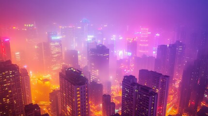 Fototapeta premium Dense smog covering a futuristic city skyline, vibrant neon lights piercing through the haze, [air quality], [urban pollution].