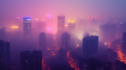 Fototapeta premium Dense smog covering a futuristic city skyline, vibrant neon lights piercing through the haze, [air quality], [urban pollution].
