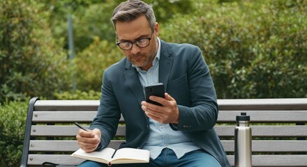 Obraz premium Man on bench with phone and notebook, outdoors