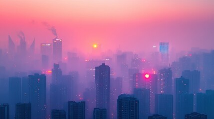 Fototapeta premium Dense smog covering a futuristic city skyline, vibrant neon lights piercing through the haze, [air quality], [urban pollution].