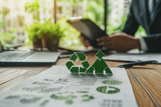 Eco-Friendly Investment Consultation: Financial Advisor Presenting Sustainable Portfolio Options with ESG Labels to Client