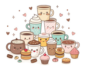 coffee, Hot chocolate characters in trendy kawaii style