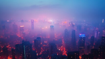 Obraz premium Dense smog covering a futuristic city skyline, vibrant neon lights piercing through the haze, [air quality], [urban pollution].