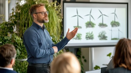 Leading the Way: Business Leader Presenting on ESG and Ethical Financial Strategies with Green Energy Visuals