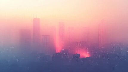 Fototapeta premium Dense smog covering a futuristic city skyline, vibrant neon lights piercing through the haze, [air quality], [urban pollution].