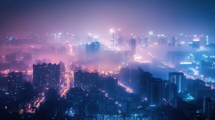Obraz premium Dense smog covering a futuristic city skyline, vibrant neon lights piercing through the haze, [air quality], [urban pollution].