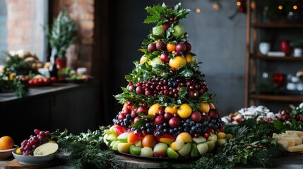 Fototapeta premium A unique Christmas tree crafted from fresh ingredients, perfect for a holiday party, with plenty of space for your festive captions.