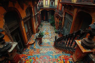 Bright, tiled courtyard with colorful mosaic stairs, warm orange walls, arched doorways, and greenery accents, creating a lively, artistic outdoor space.