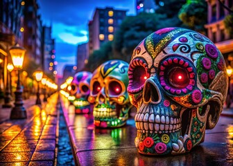 Fototapeta premium Vibrant Neon Sugar Skull Decorations Adorn Mexico City Street at Night