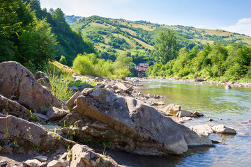 tisza river near rakhiv town. beautiful view. carpathian mountain landscape in summer. place where...