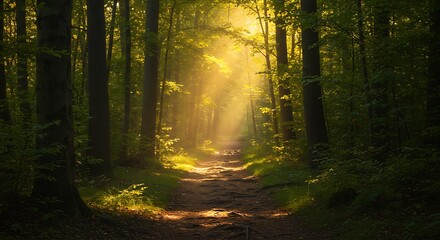 Fototapeta premium Golden hour sunlight filters misty forest path.