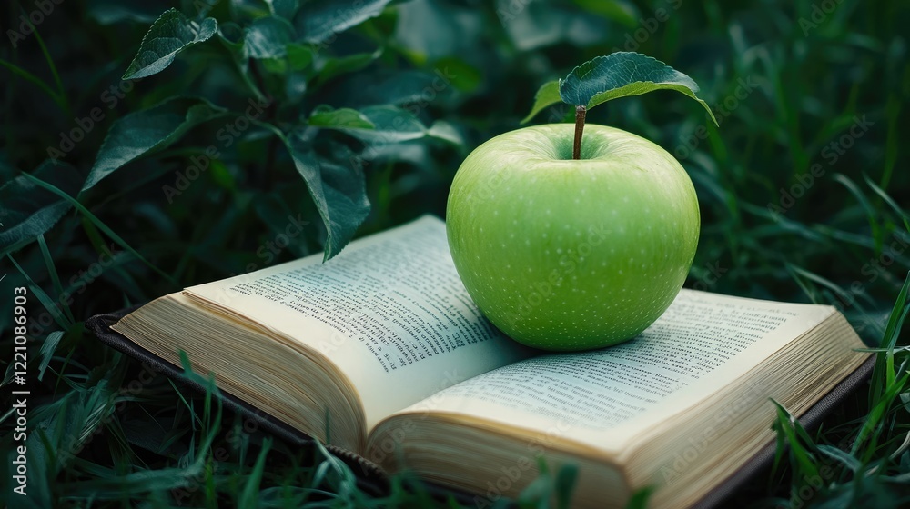 Poster a vibrant green apple placed on an open book in the middle of lush green grass, symbolizing learning