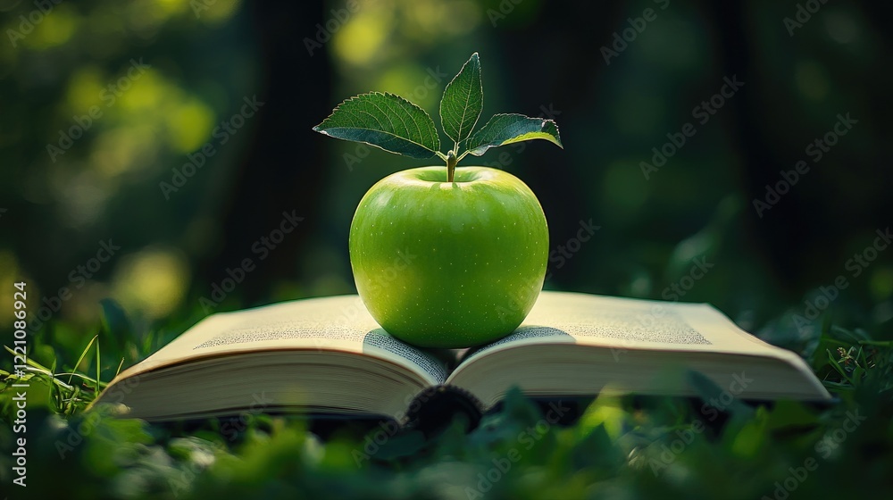Poster a vibrant green apple placed on an open book in the middle of lush green grass, symbolizing learning