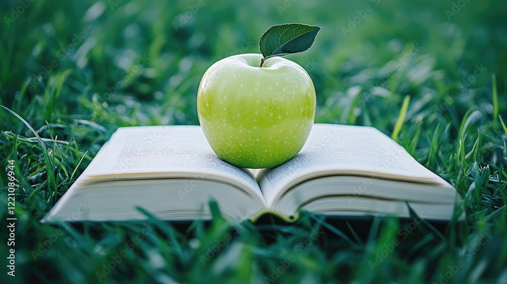 Poster a vibrant green apple placed on an open book in the middle of lush green grass, symbolizing learning